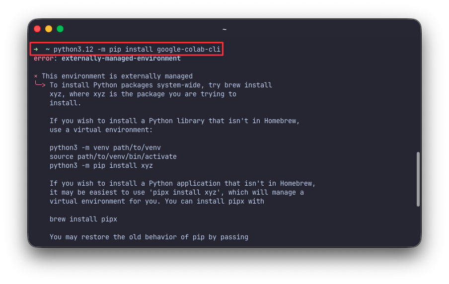 google-colab-cli pip 설치 시 externally-managed-environment 에러